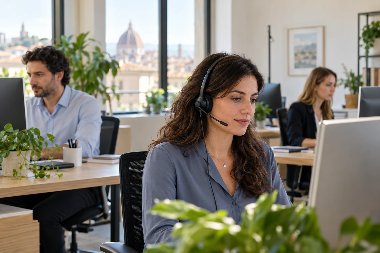 Illustrazione di un team di assistenza clienti al lavoro in un ufficio luminoso